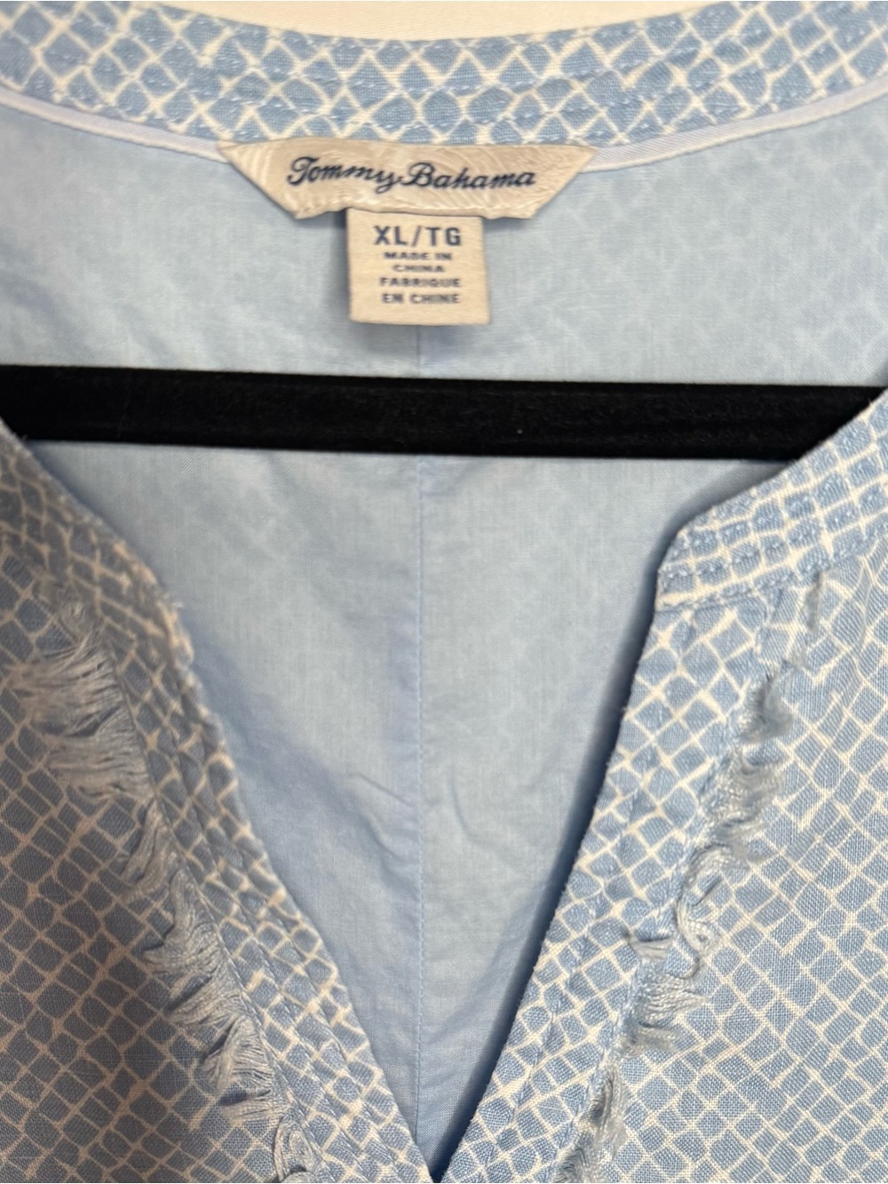 Tommy Bahama 100% Linen Shift Dress XL Blue White Print Pockets Fringe Trim - Picture 4 of 8
